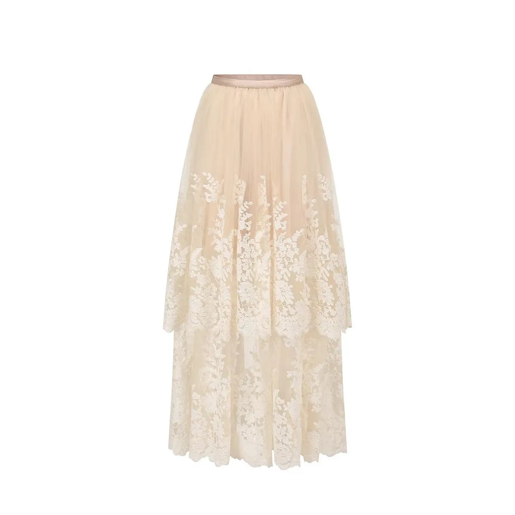 The Rosebud Versailles Lace Set | Pink Bustier & Shimmer Beige Maxi Skirt | Embroidered Two-Piece Gown | Parisian Princess
