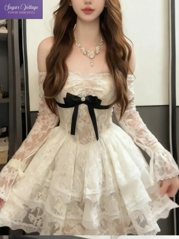 French Vintage Elegant Lace Dress Women Off Shoulder Bow Long Sleeve Slim Fit Lolita Style Skirt Romantic Autumn Winter Clothing