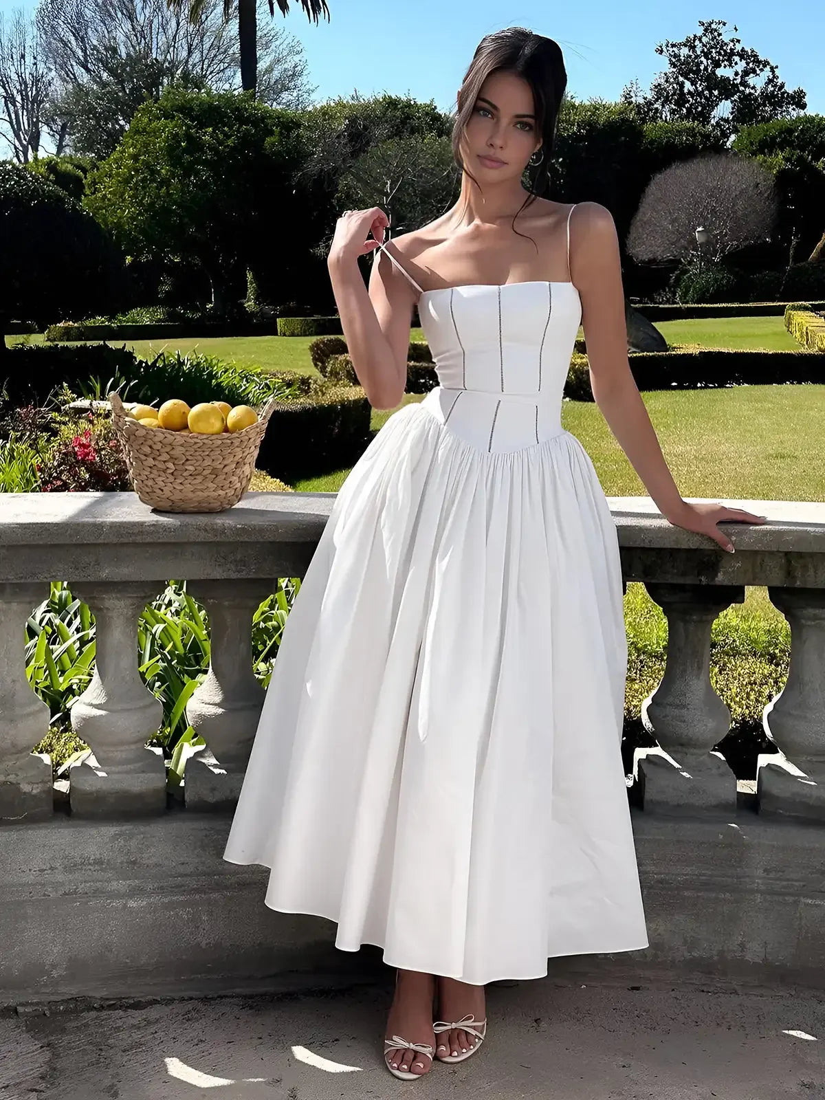 The Saint-Tropez Knotted Gown | French Corset-Detail Spaghetti Strap Mini | Flowy White Summer Beach Dress | Parisian Princess