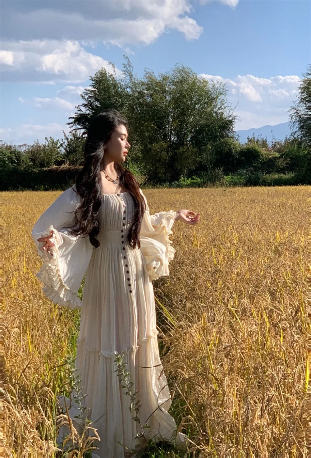 The Coalfell Vacation Gown | French Cotton-Linen Apricot Midi | Batwing Sleeve Lace Temperament Dress | Parisian Princess