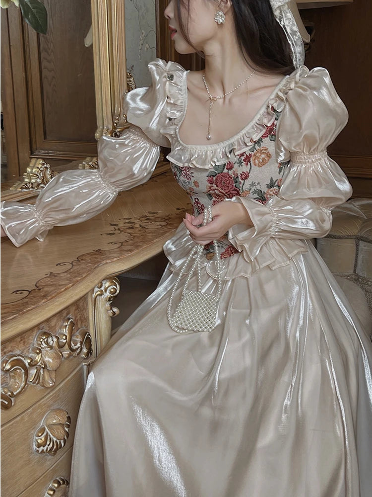 The Trianon Fairy Midi | Vintage Floral Puff Sleeve Prom Dress | Elegant Luxury Print Summer Gown | Parisian Princess