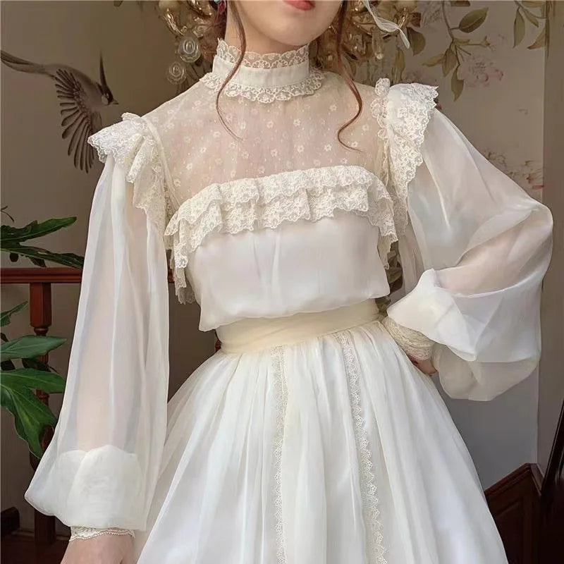 Fairy Woman Chic Romantic Lace Lantern Sleeve Retro Princess Dresses Vestido Festa Faldas Vintage Cottage Chiffon Gatsby Dress