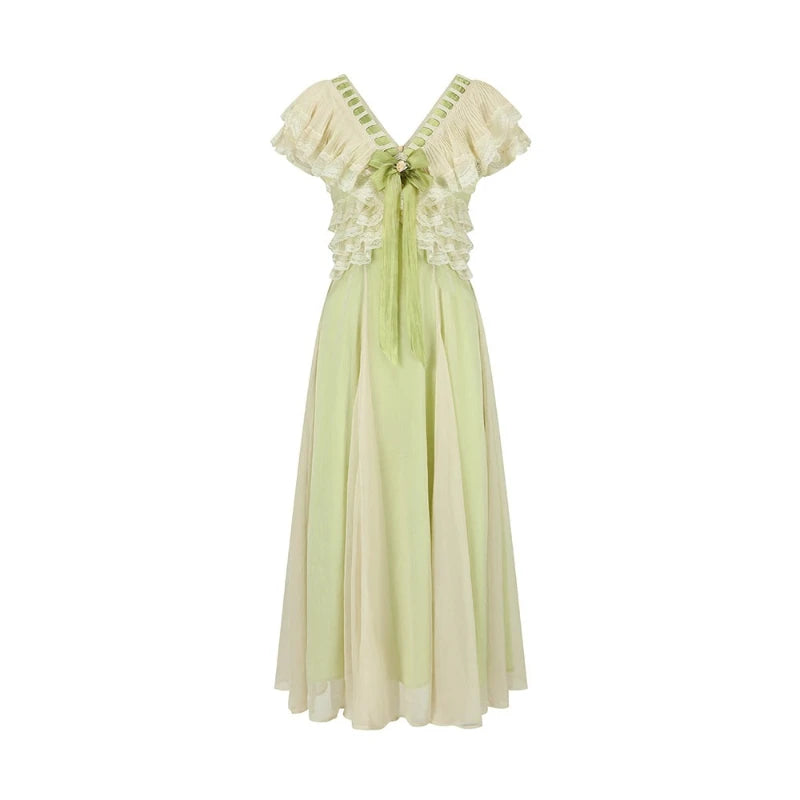 The Spring Meadow Butterfly Lace Gown | French Pastoral V-Neck Midi | Empire Waist Princess Dress | Parisian Princess