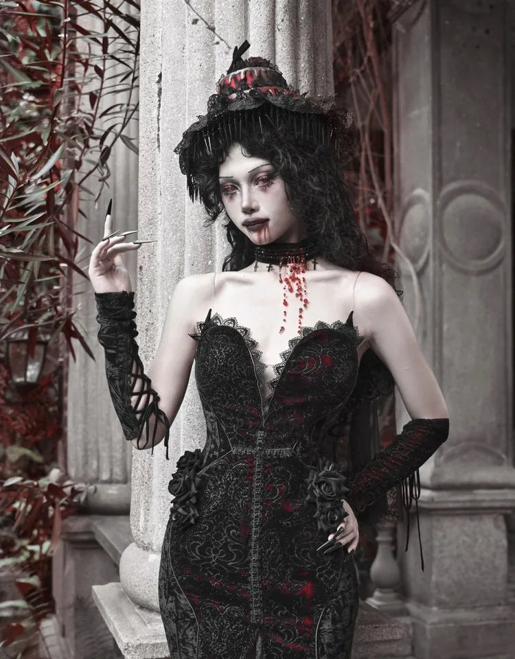 Gothica Original Design Vampire Black Red Dress Lace Patch Gothic Velvet Trumpet Sleeveless Sexy X-Long Dress Halloween