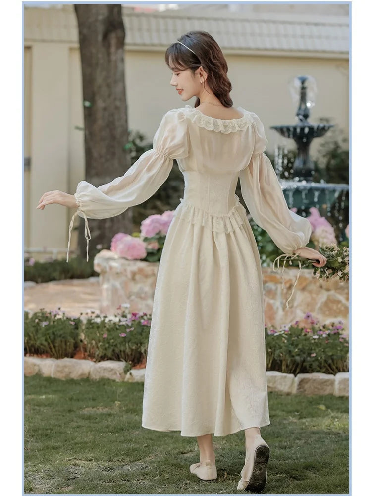 Retro French Court Fairy Princess Dress Woman Vintage Victorian Style Jacquard Lace Puff Sleeve Gatsby Dresses For Romantic Lady