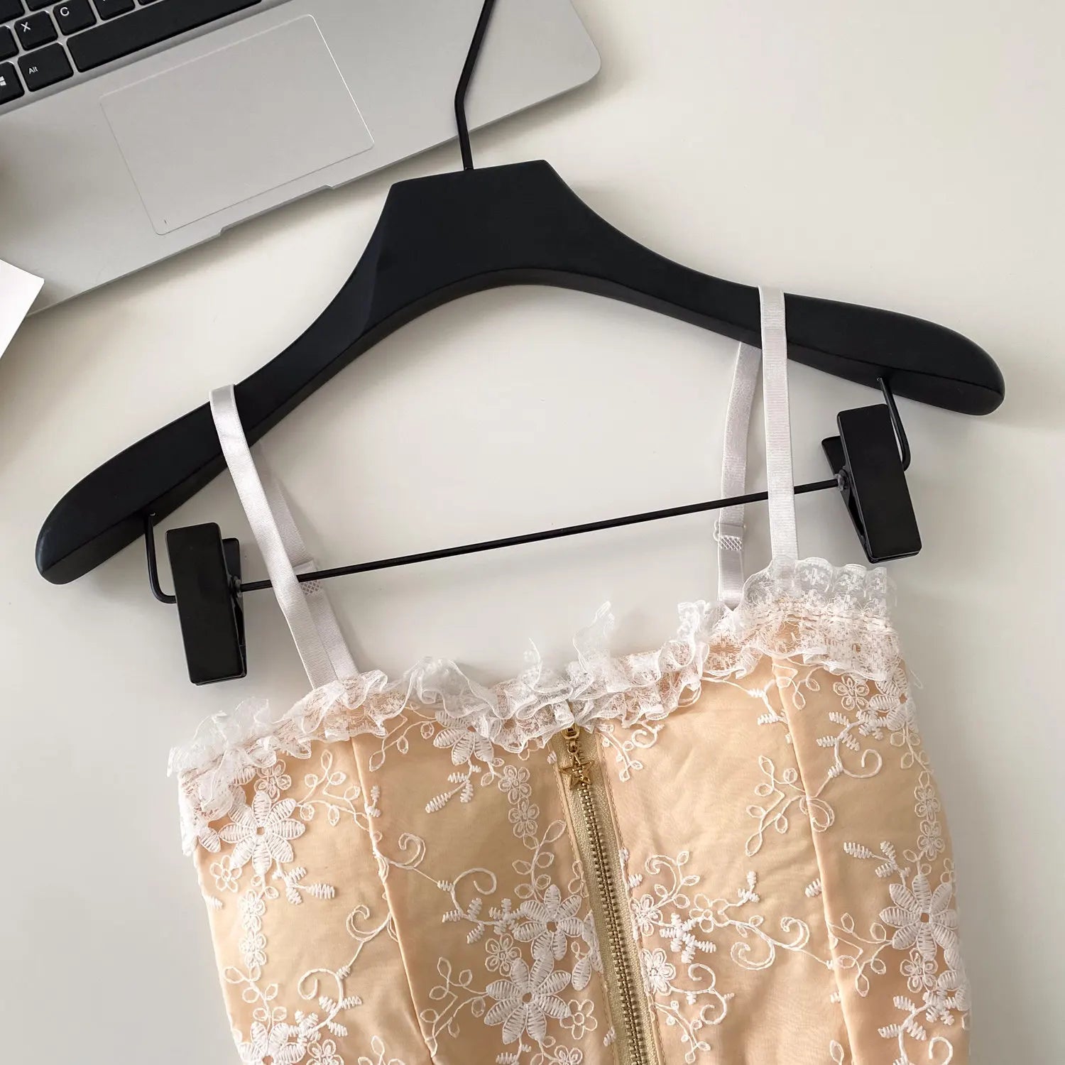 The Trianon Tiered Lace Cami | Embroidered Sleeveless Tank Top | Stretchy Slim Zipper Lingerie Top | Parisian Princess