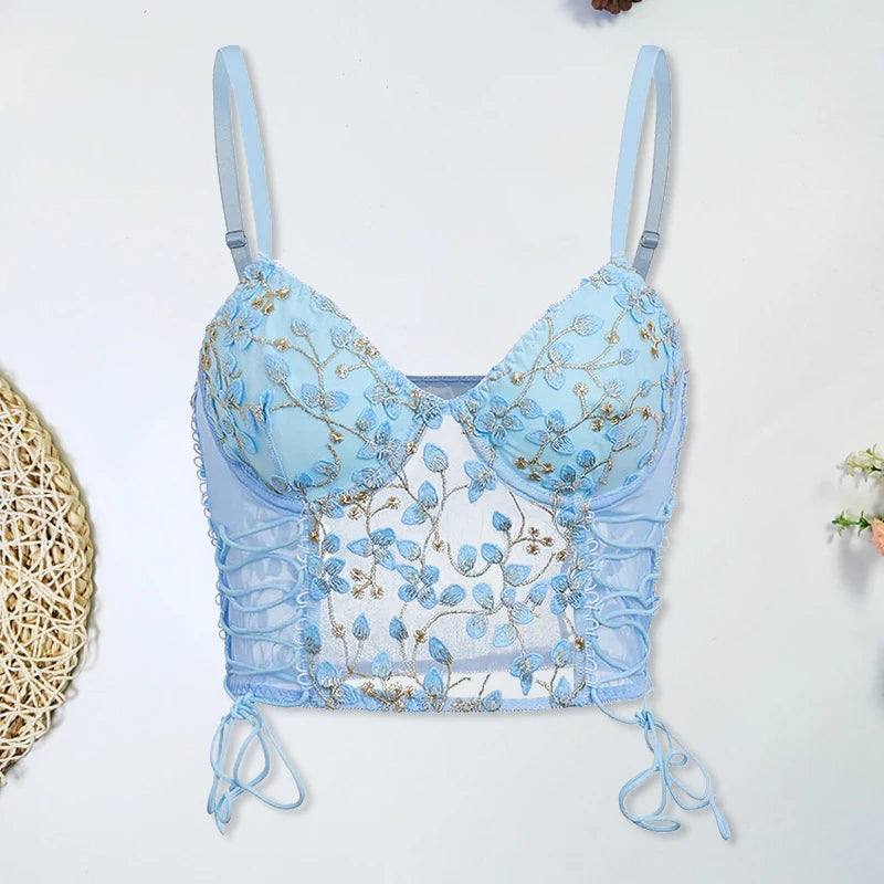 The Azure Bloom Camisole | French Floral Embroidery Ultra-Thin Corset Bra | Sexy Slim-Fit Rayon Lace Vest | Parisian Princess