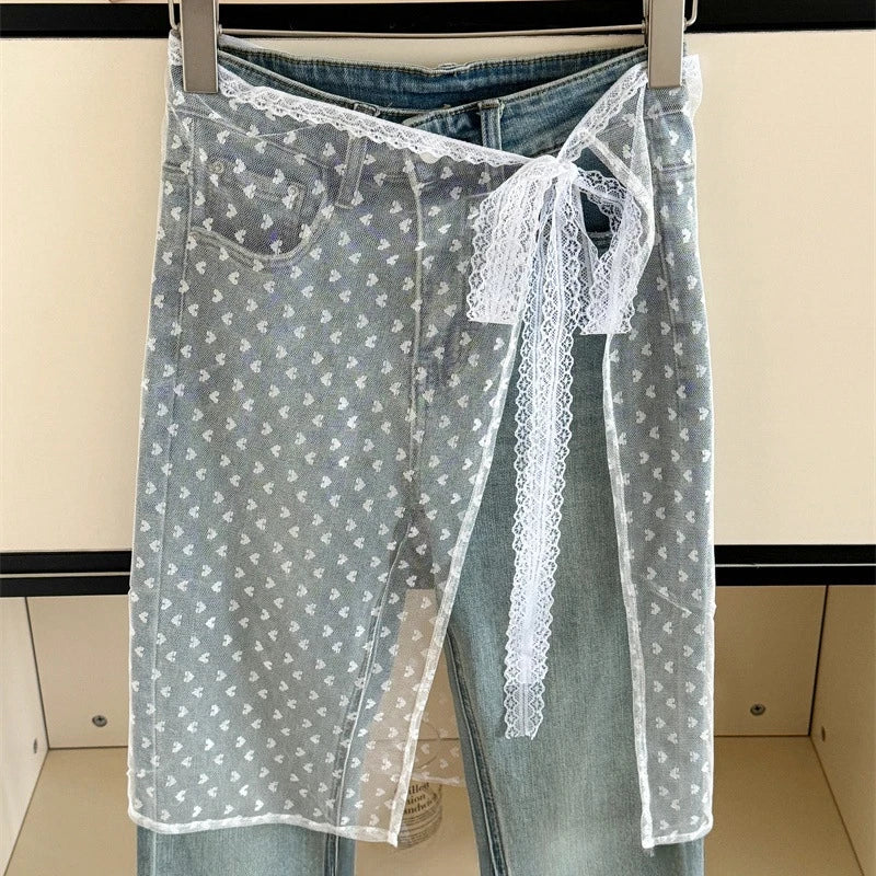 Lace-up Lace Side Half-body Skirt Short Sash Curtain Apron Girls Sweet Jeans Casual Pants Accessories Skirt