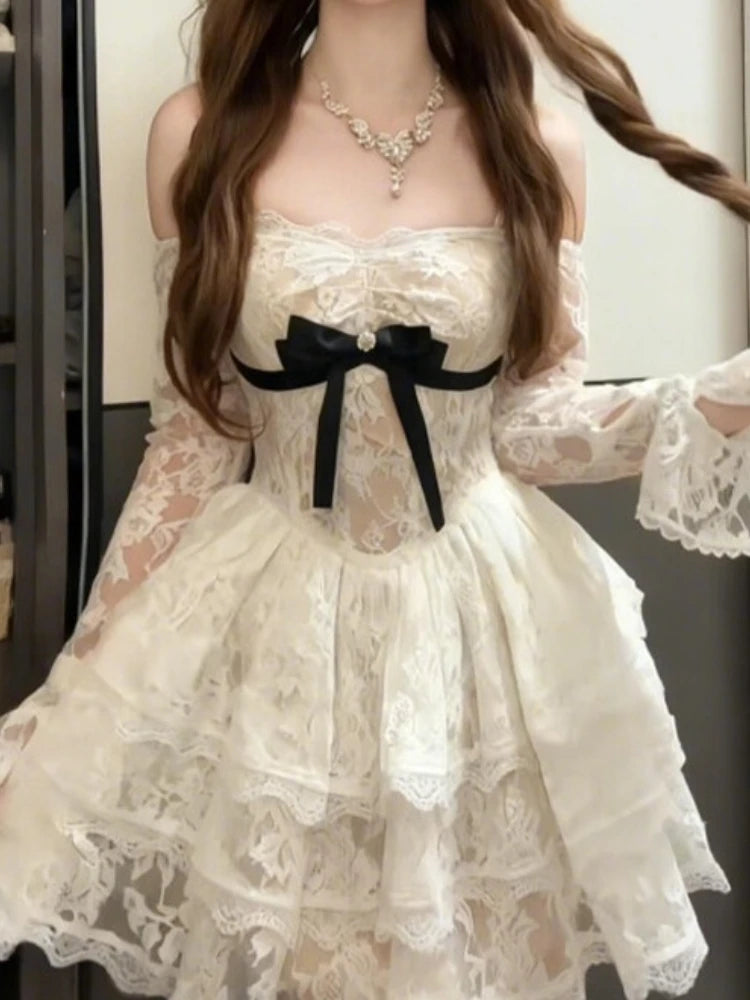 French Vintage Elegant Lace Dress Women Off Shoulder Bow Long Sleeve Slim Fit Lolita Style Skirt Romantic Autumn Winter Clothing