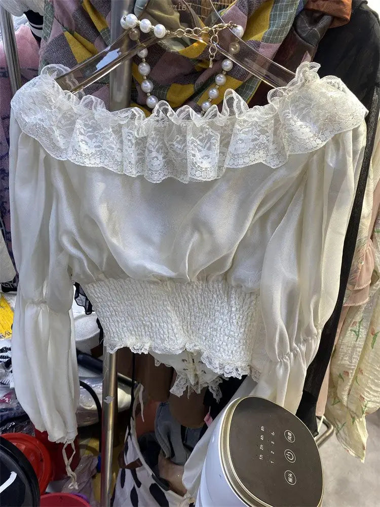 ParisianLace Strap Shirt Women Fashion Print Splice Temperament Gentle Sweet Solid Slim O-neck Spring Chic Female Top 2024