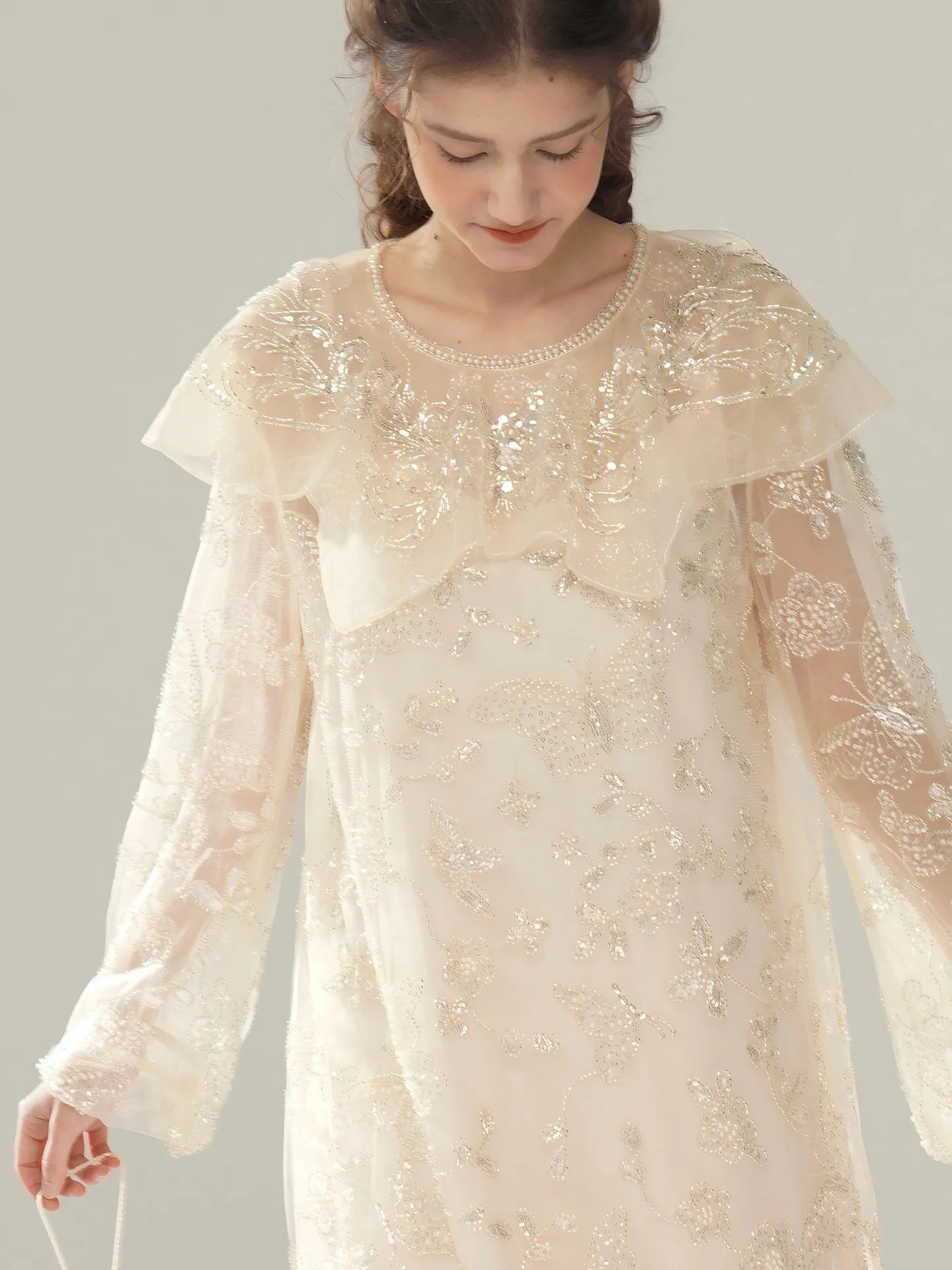 The Tuileries Summer Dream | Elegant Loose Luxury Embroidery Gown | Glittering Sequin Butterfly Pattern Midi | Parisian Princess