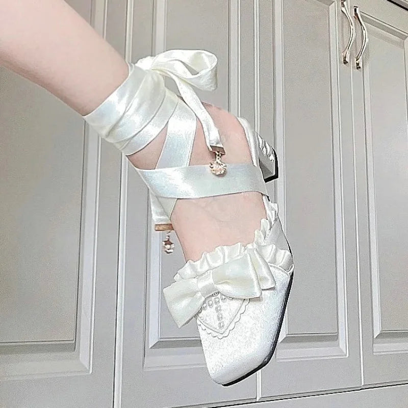 The Swan Satin Ballet Pumps | Lace-Up Platform Mary Jane | French Fairy Lolita Heels | Parisian Princess