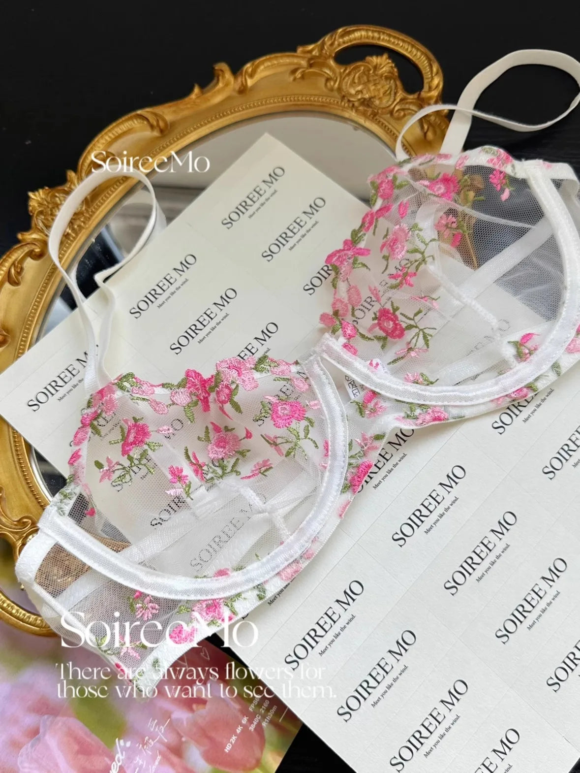 Parisian French Lingerie Set Sheer Tulle, Pink Floral Embroidery Bra Bralette, Sexy Pure Matching Set BANERDANNI Sexy Tushy Bras