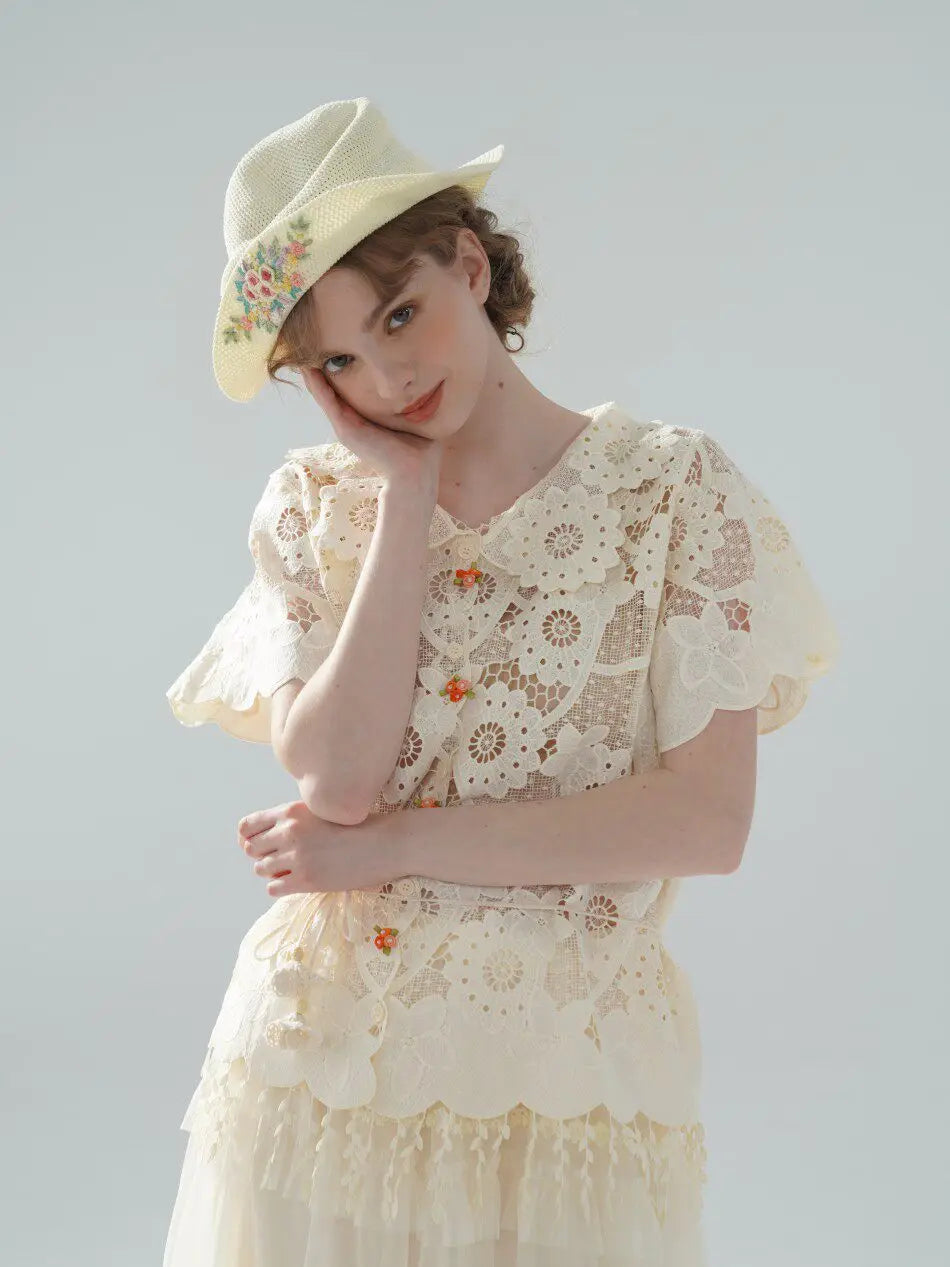 The Palais Cutwork Blouse | Summer Lace Shirt | Handmade 3D Floral All-Over Embroidered Turn-Down Collar Blouse | Parisian Princess
