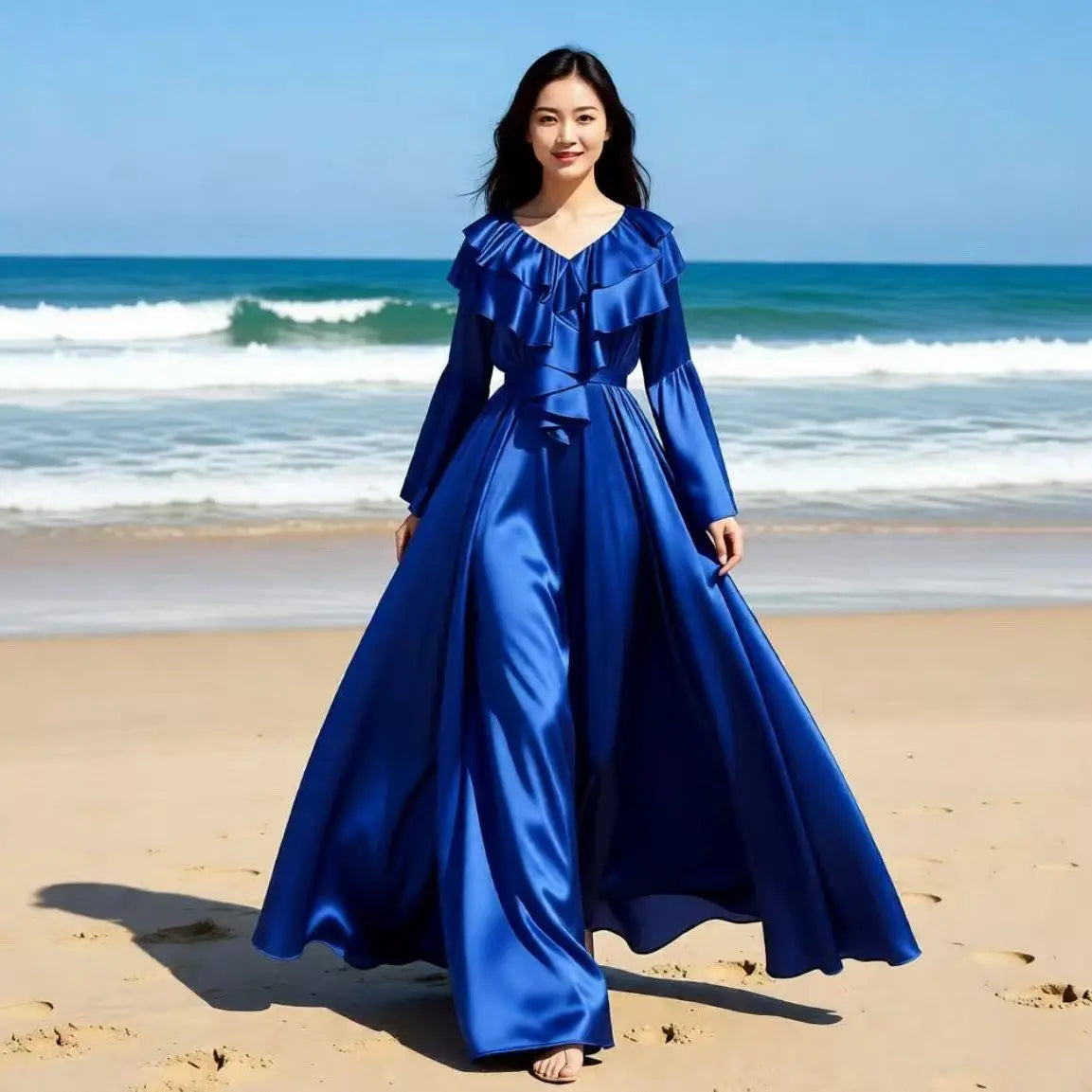 The Petit Trianon Ice Silk Sleep Gown | Glossy Satin Ruffle Maxi | Butterfly Sleeve Nightdress | Parisian Princess