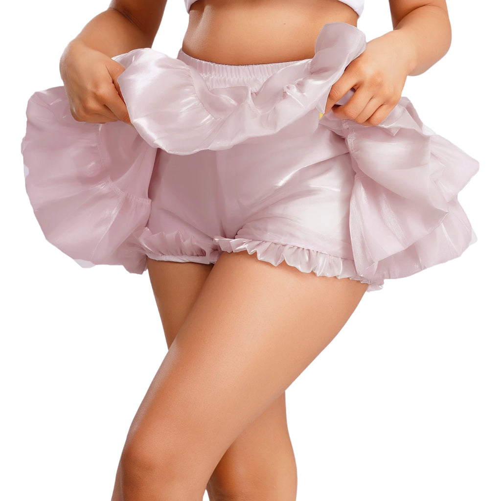 Women Lolita Pumpkin Shorts Puff Y2K Skirt Iridescent Tiered Culottes Elastic Waistband Ruffled Hem Built-in Skirt Anime Costume