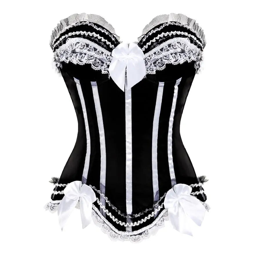Sexy Lace Overbust Corset Top Women Vintage Satin Bow Bustier Lingerie With Zipper Plus Size Body Shaper Burlesque Corsets
