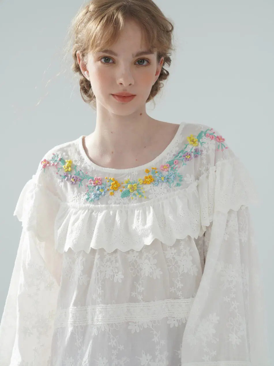 The Summer Floral Breeze Blouse | 100% Cotton Oversized White Top | Handmade 3D Embroidered Loose Lace Top | Parisian Princess