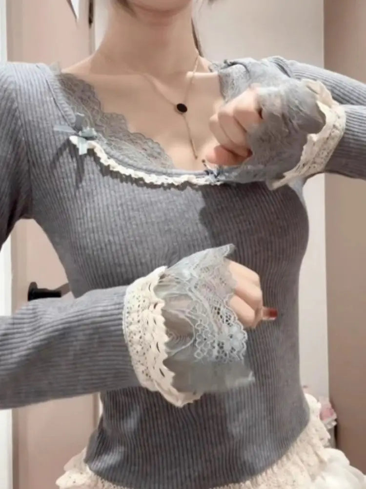 The Trianon Lace Plaid Tee | French Long Sleeve Bow Top | Slim Spring Knitted Blouse | Parisian Princess