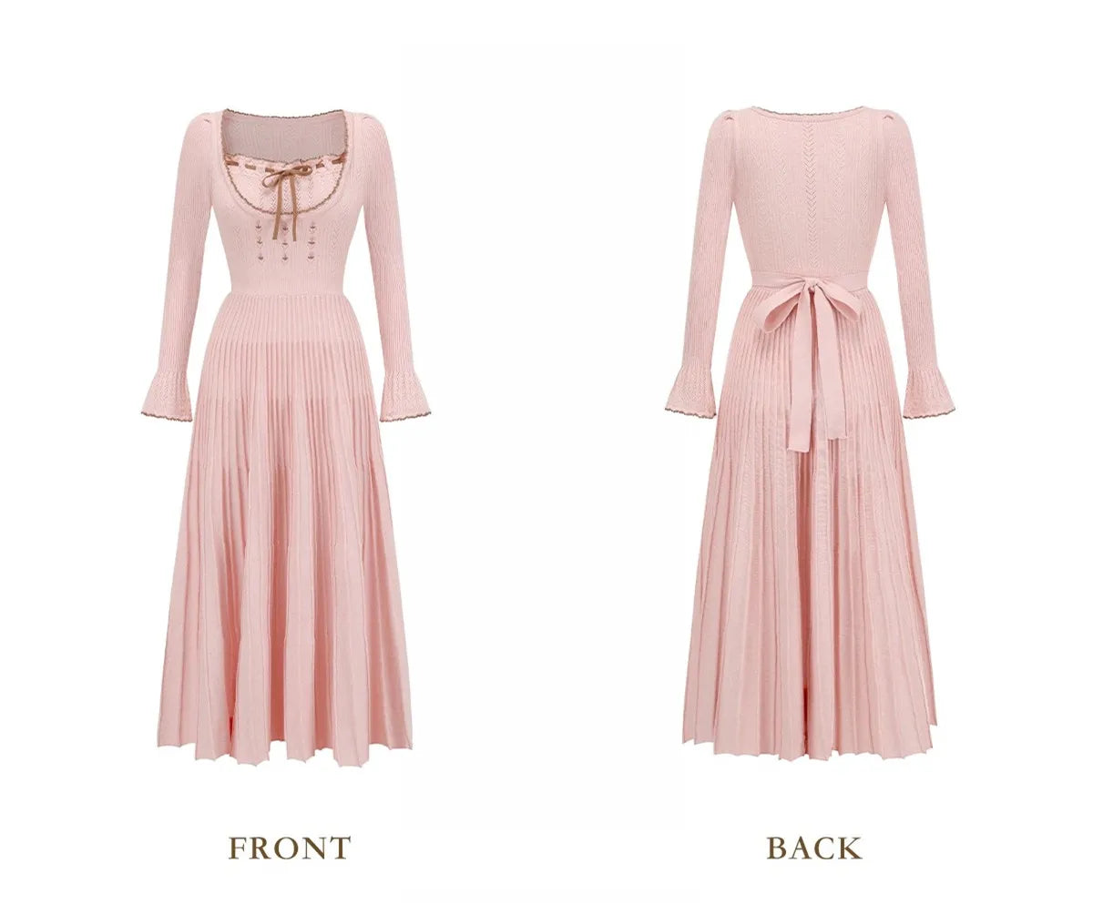 76-88cmBust FallWinter Long Pleated Dress Women Vintage ElegantSlim Embroidery Square Neck Flare Sleeve 100%Cotton Knitted Dress