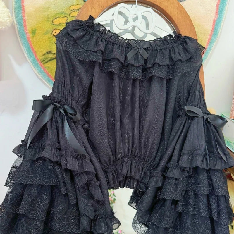 French Lolita Flare Sleeve Sweet Bow Shirt Parisian Aesthetic Slash Neck Lace Patchwork Blouse Women Loose Grunge Ruffled Blusas
