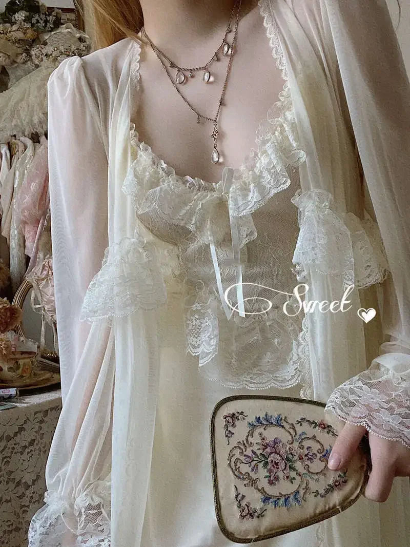 Vintage Female Court Style Thin Tulle Robe/Nightdress Ladies Princess Nightgowns Fairytale Pajamas Sleepwear Women's Clothing