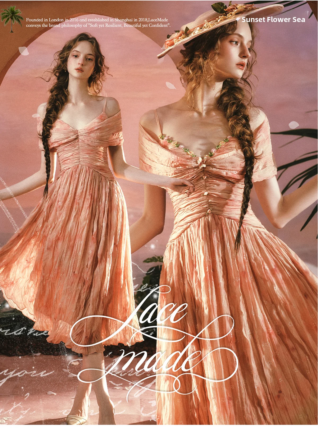 The Caprician Sunset Oil Painting Gown | Coral Shimmer Fairy Skirt | 3/4 Sleeve A-Line Dress | Parisian Princess