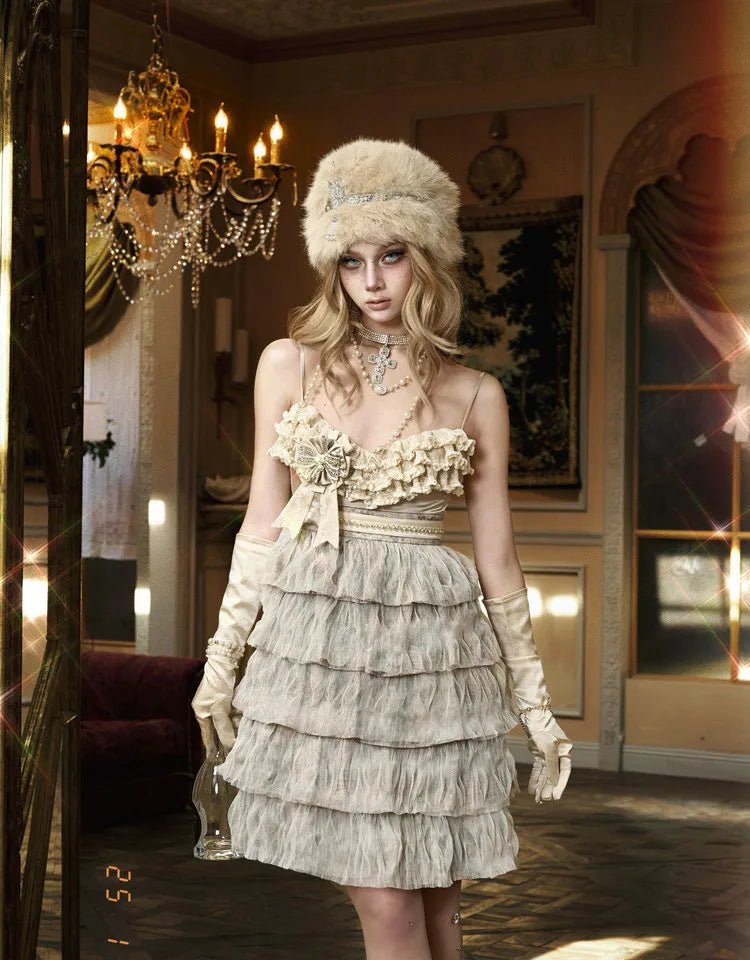 The Gothica Russian Princess Cake Dress | High-Waist Lace-Strap Luxury Slip | Sweet Apricot Layered Jupe | Parisian Princess