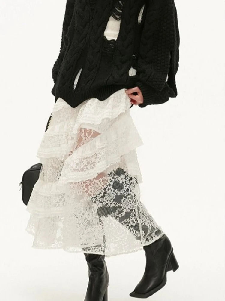 Elegant Fairycore Lace Long Skirts Women Boho Irregular Tulle Layered Skirt Vintage White See Through Holiday Skirts