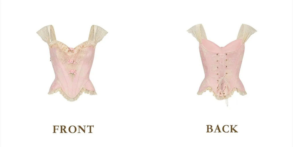 The Rosebud Versailles Lace Set | Pink Bustier & Shimmer Beige Maxi Skirt | Embroidered Two-Piece Gown | Parisian Princess