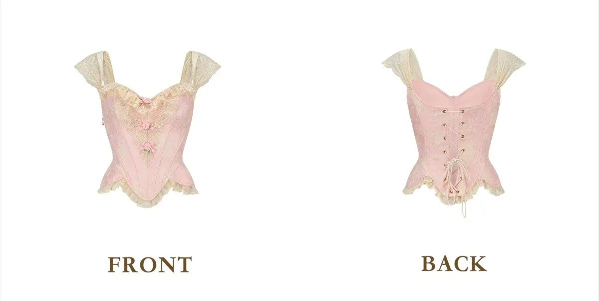 The Rosebud Versailles Lace Set | Pink Bustier & Shimmer Beige Maxi Skirt | Embroidered Two-Piece Gown | Parisian Princess