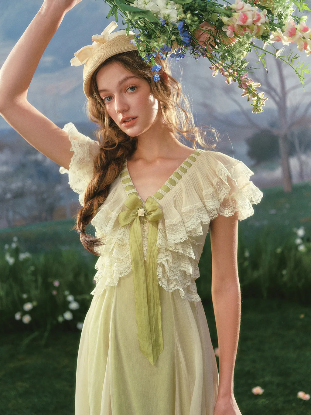 The Spring Meadow Butterfly Lace Gown | French Pastoral V-Neck Midi | Empire Waist Princess Dress | Parisian Princess