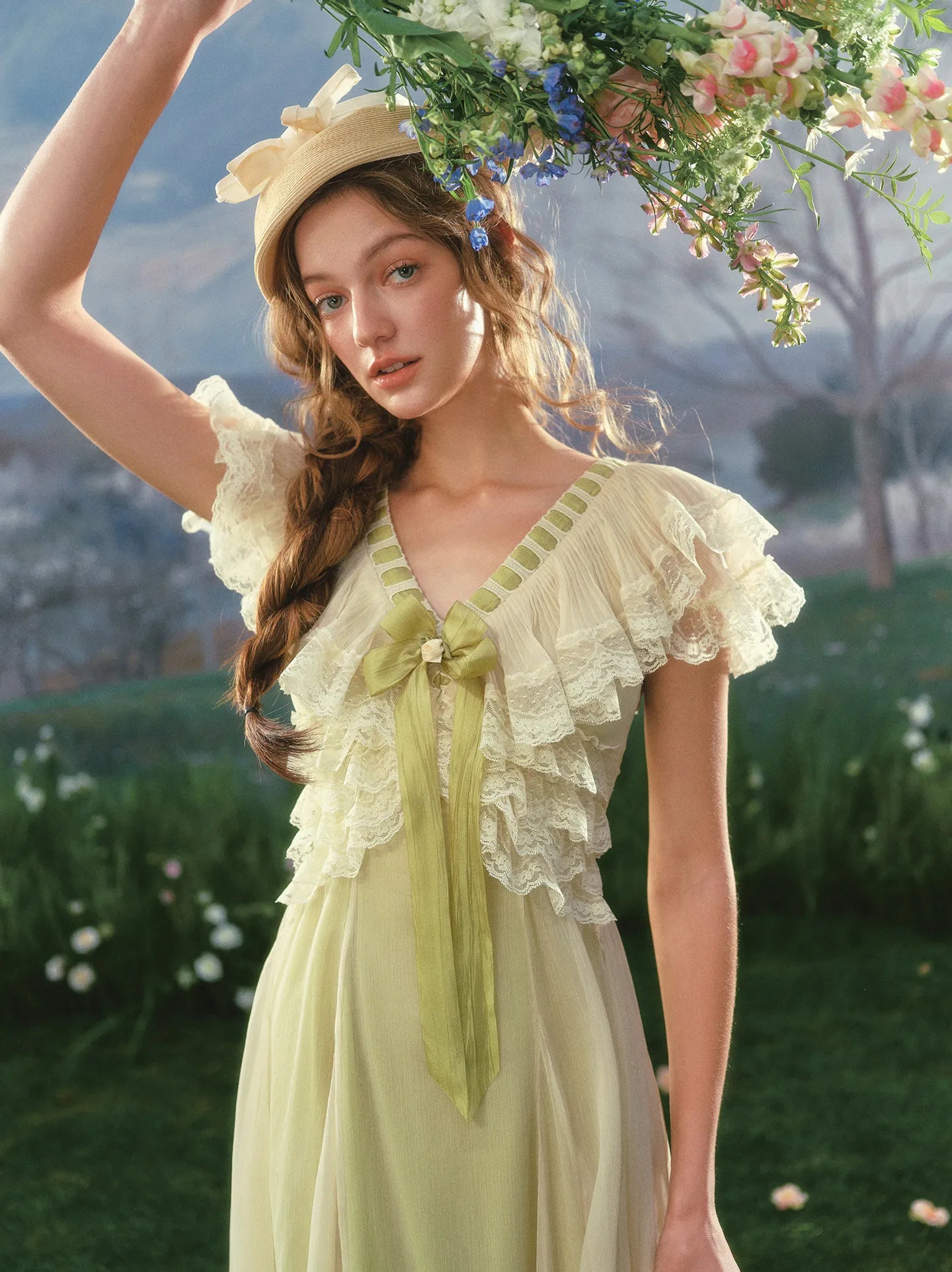 The Spring Meadow Butterfly Lace Gown | French Pastoral V-Neck Midi | Empire Waist Princess Dress | Parisian Princess