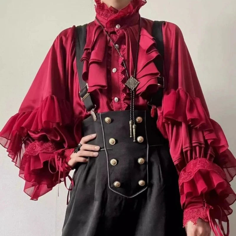 The Marais Midnight Blouse | French Gothic Lantern Sleeve Shirt | Vintage Lace Patchwork Lolita Top | Parisian Princess