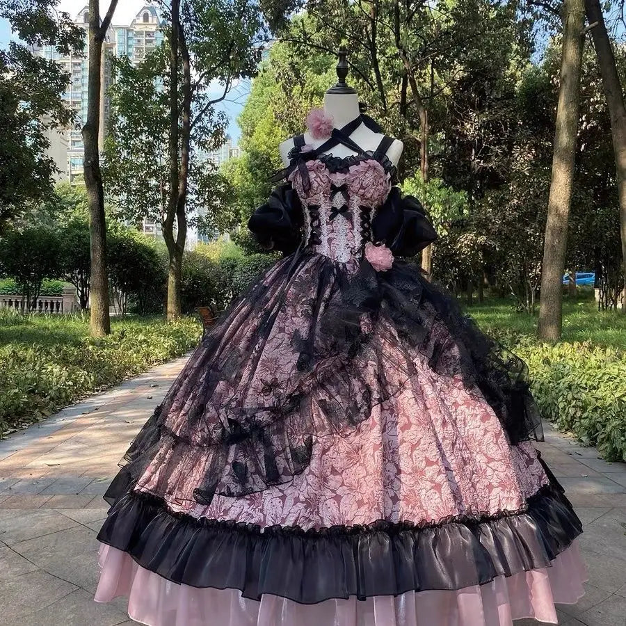 Dophee Original Lolita Flower Wedding Dress Set Gothica Black Pink JSK Dress Elegant Ruffles Mesh Spring Summer OP Dress