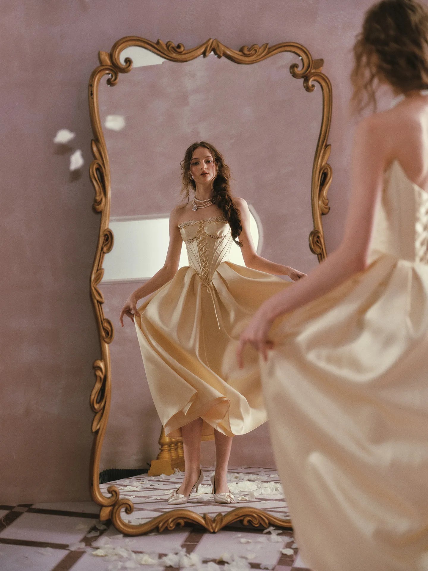 The Lemondrop Love Belle Gown | French Chic Elegant Slim Lace Corset Dress | Strapless Empire Waist Satin Maxi | Parisian Princess