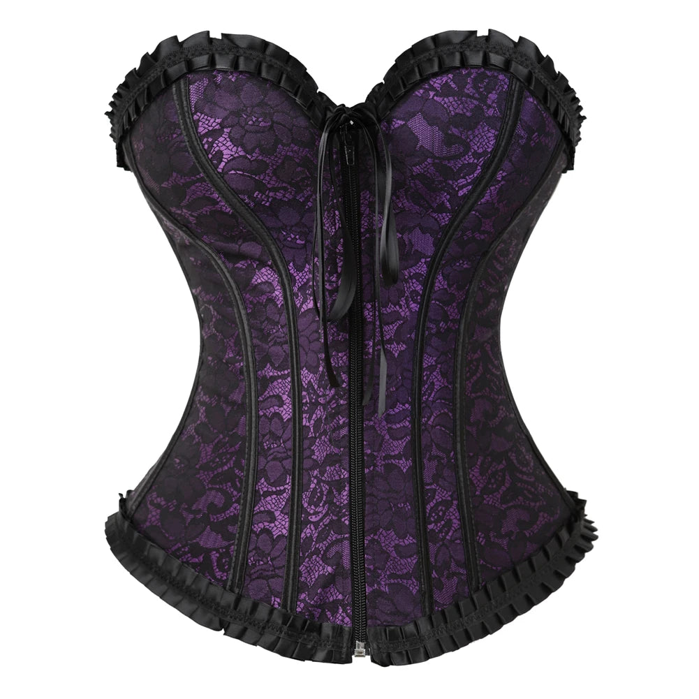 Sexy Lace Overbust Corset Top Women Vintage Satin Bow Bustier Lingerie With Zipper Plus Size Body Shaper Burlesque Corsets