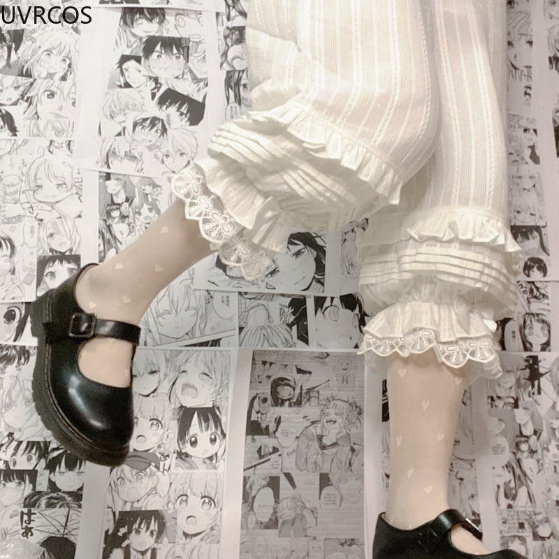 French Sweet Lolita Safety Short Pants Women Parisian Ruffleds Knickers Cotton Elastic Waist Victorian Bow Shorts Cute Bloomers