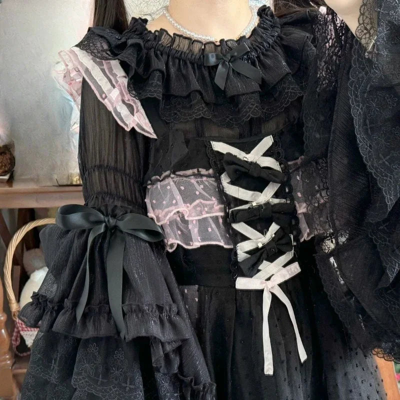 French Lolita Flare Sleeve Sweet Bow Shirt Parisian Aesthetic Slash Neck Lace Patchwork Blouse Women Loose Grunge Ruffled Blusas