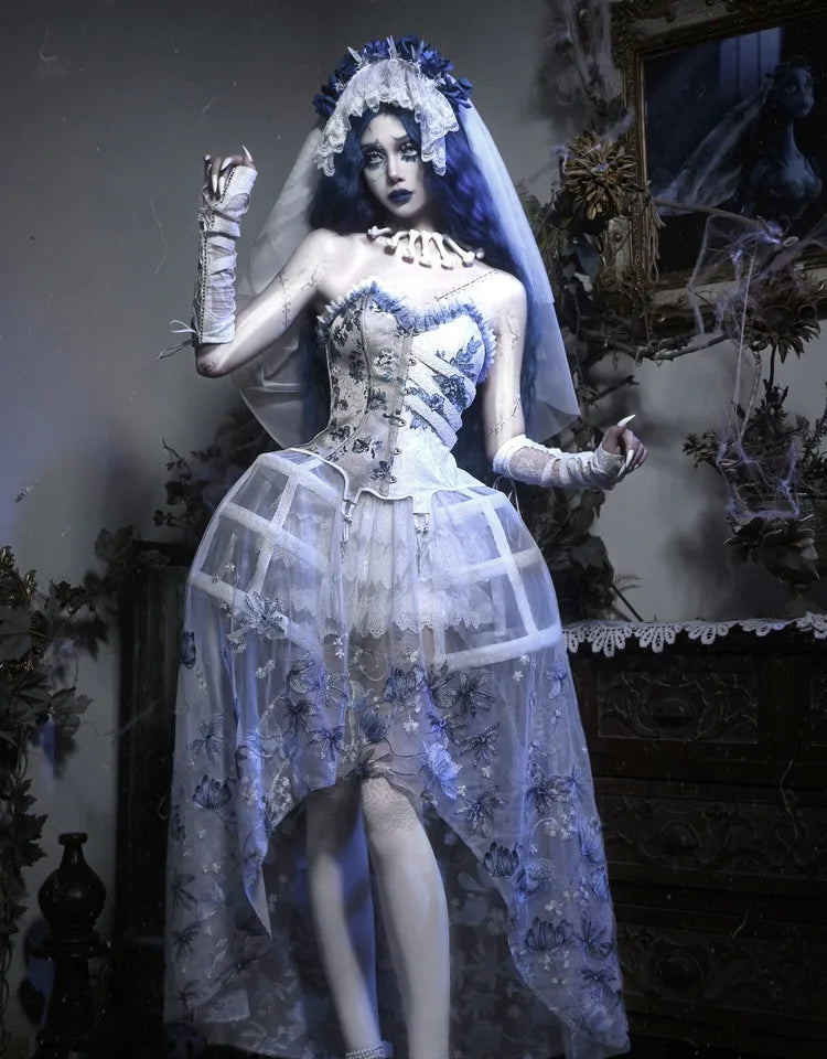 Parisian White Gothic Dress Birdcage Tube Emboridery Zombie Bride Slip Dress Palace Holloween Party Dresses Vestido Large