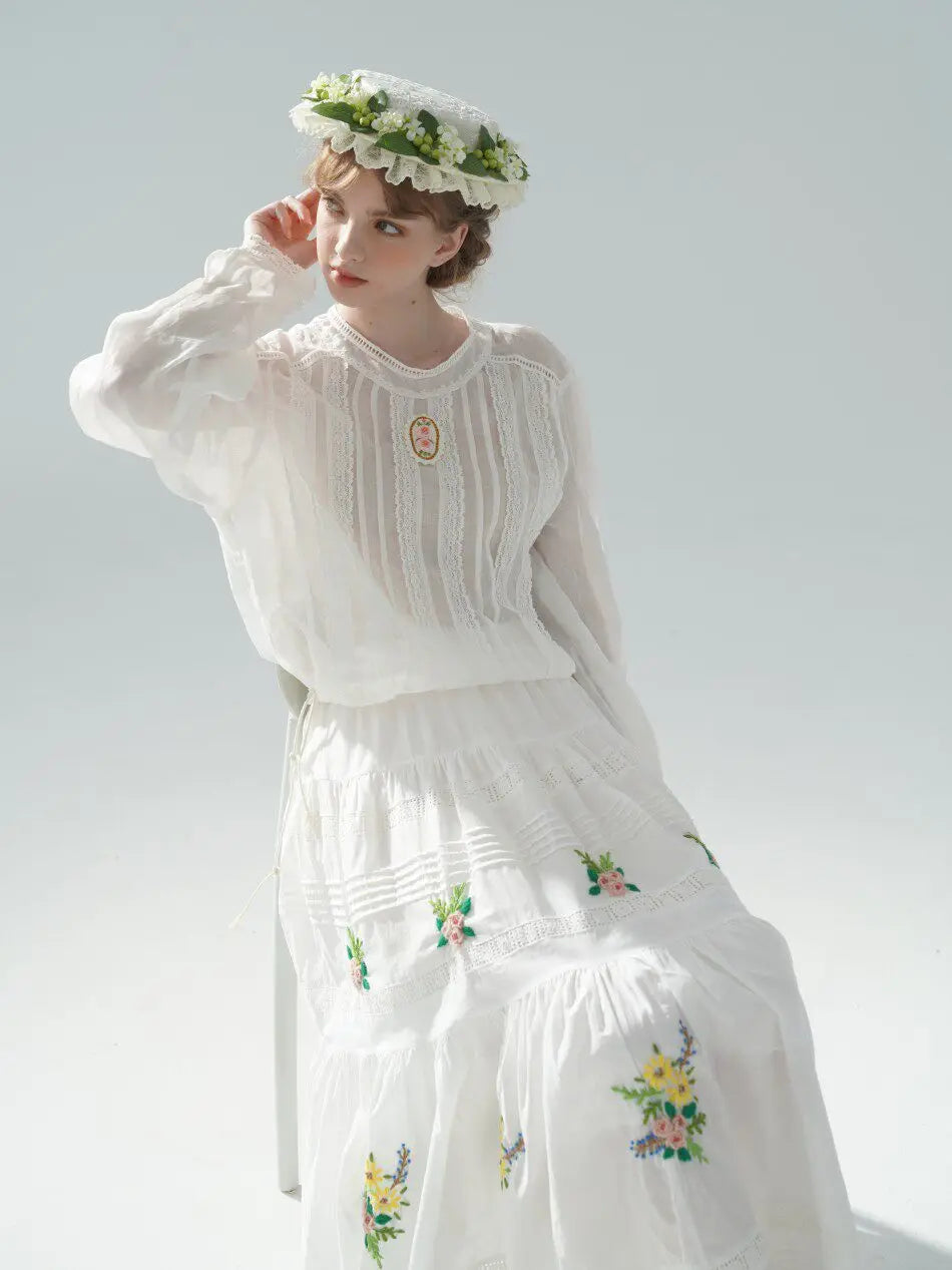 The Palais Rose Ramie Blouse | 100% Ramie Thin White Blouse | French Vintage Handmade 3D Rose Embroidered O-Neck Loose Top | Parisian Princess