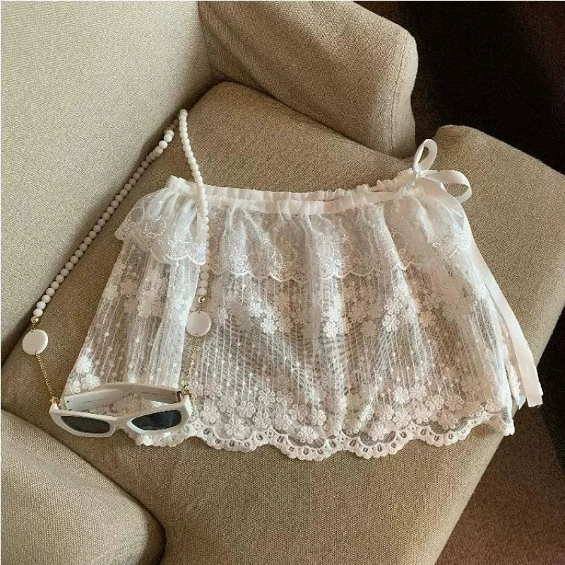 Lace-up Lace Side Half-body Skirt Short Sash Curtain Apron Girls Sweet Jeans Casual Pants Accessories Skirt
