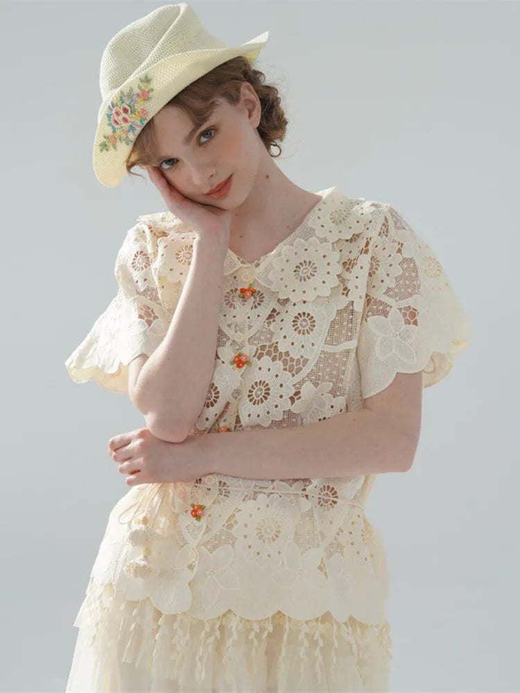 The Palais Cutwork Blouse | Summer Lace Shirt | Handmade 3D Floral All-Over Embroidered Turn-Down Collar Blouse | Parisian Princess