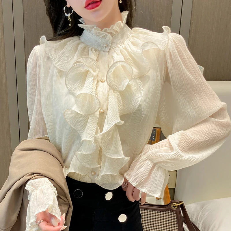 The Versailles Ruffled Chiffon Blouse | Stand Collar Lace Puff Sleeve | French Vintage Shirt | Parisian Princess
