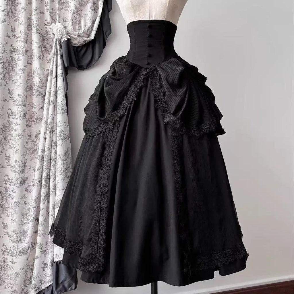 Niche Gothic Style Lolita Skirt Dark Black Wave Flower Edge Women Banquet Gown Vintage Halloween Carnival Event Cosplay Costume