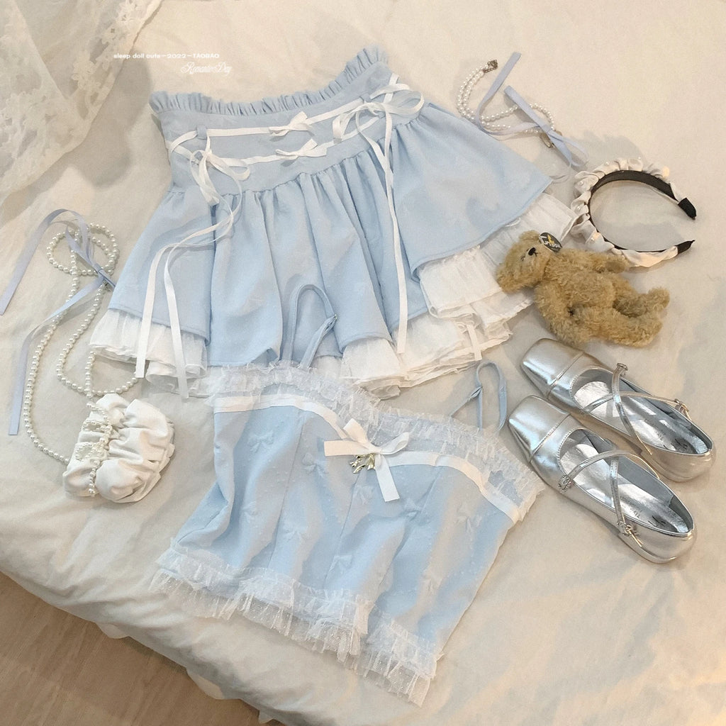 The Odette Ballet Bow Tie Set | Lace-Up High Waist Skirt & Strappy Top | Parisian Coquette Outfit