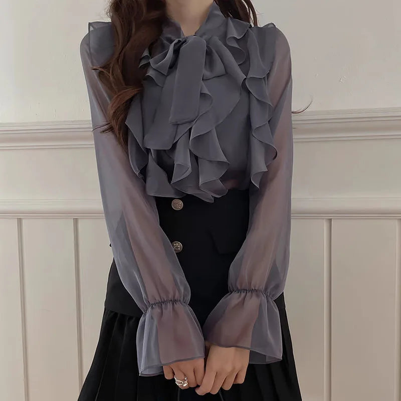 The Adrienne Chiffon Manteau | Parisian Office Lady Silk-Touch Blouse | French Sweet Bow Executive Shirt | Slate Gray Summer Atelier Top