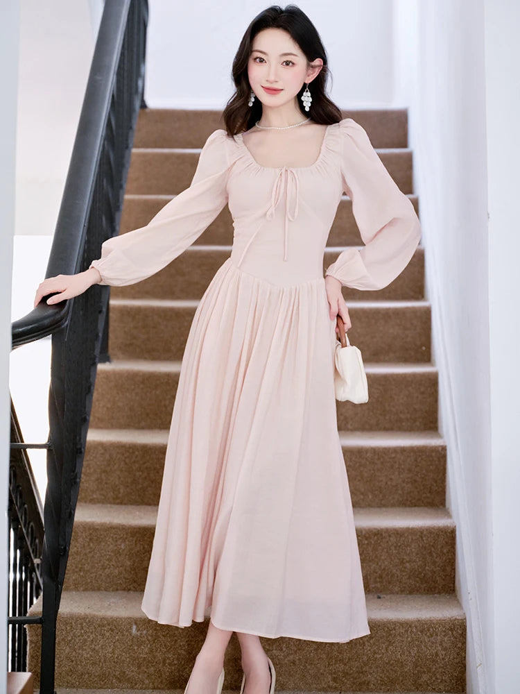 Parisian Cottagecore Vintage Romantic Pink Fairy Dress Woman Retro Victorian Style Solid Square Collar Classic Lady Dresses For Formal Occasion