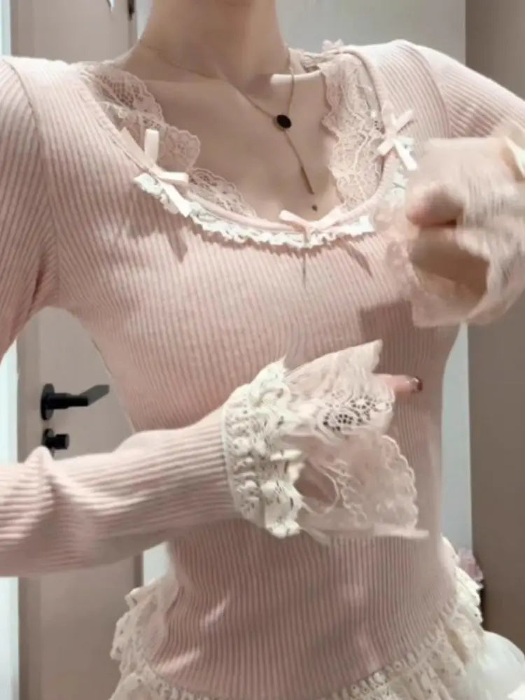 The Trianon Lace Plaid Tee | French Long Sleeve Bow Top | Slim Spring Knitted Blouse | Parisian Princess