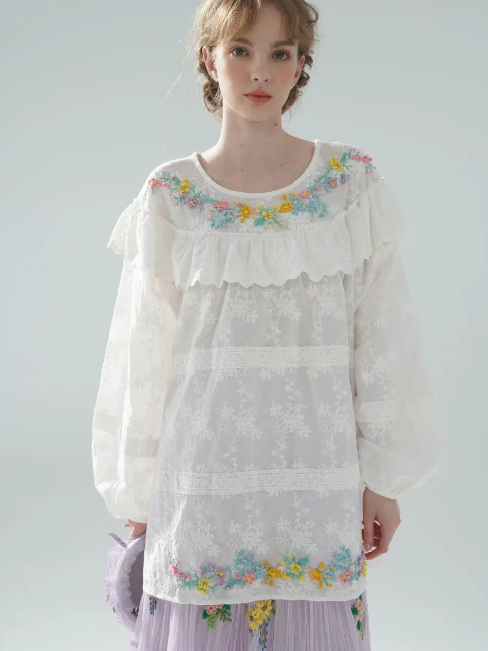 The Summer Floral Breeze Blouse | 100% Cotton Oversized White Top | Handmade 3D Embroidered Loose Lace Top | Parisian Princess